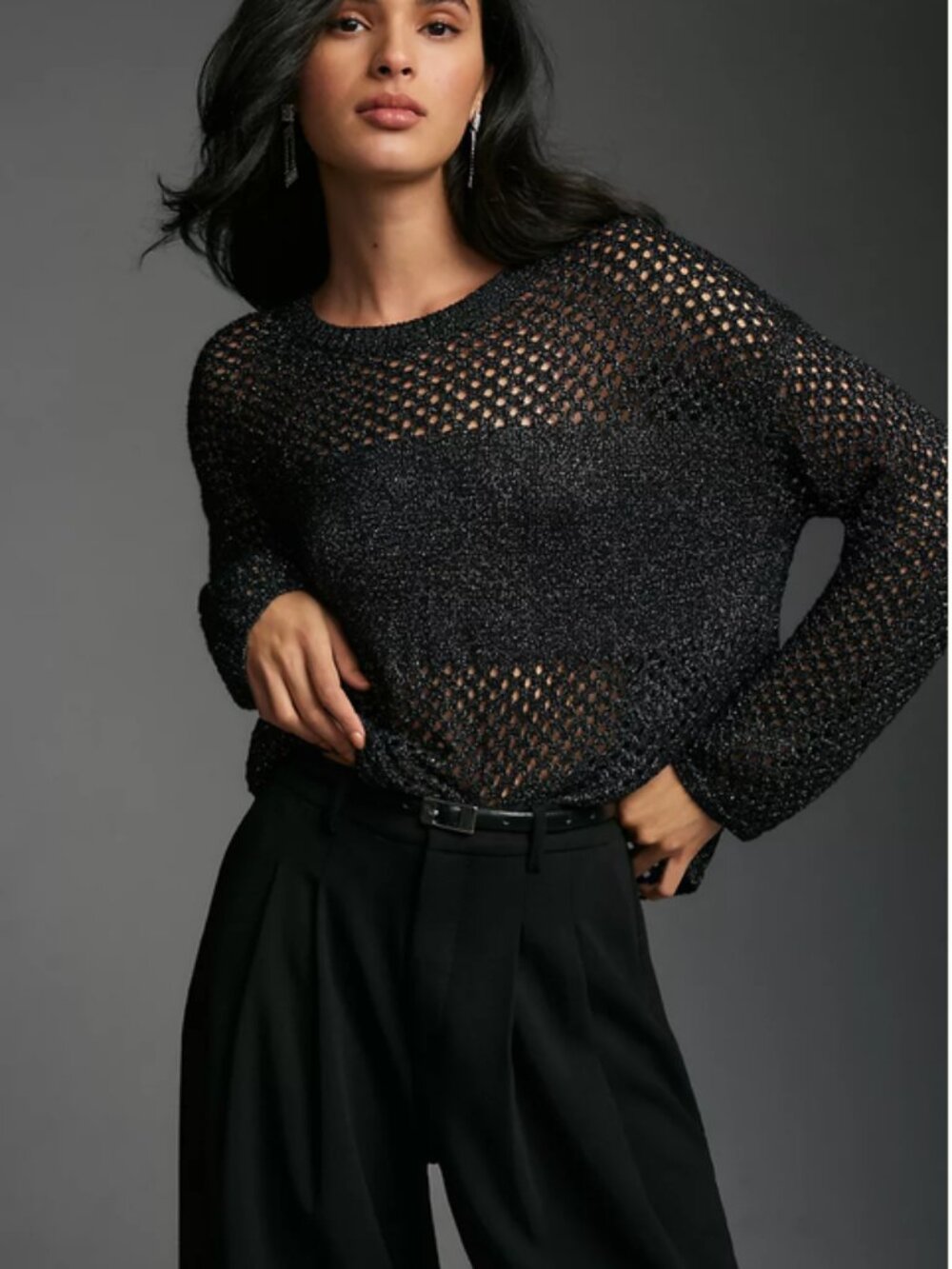 Anthropologie Pilcro Open-Stitch Metallic Knit Pullover Sweater Black Small